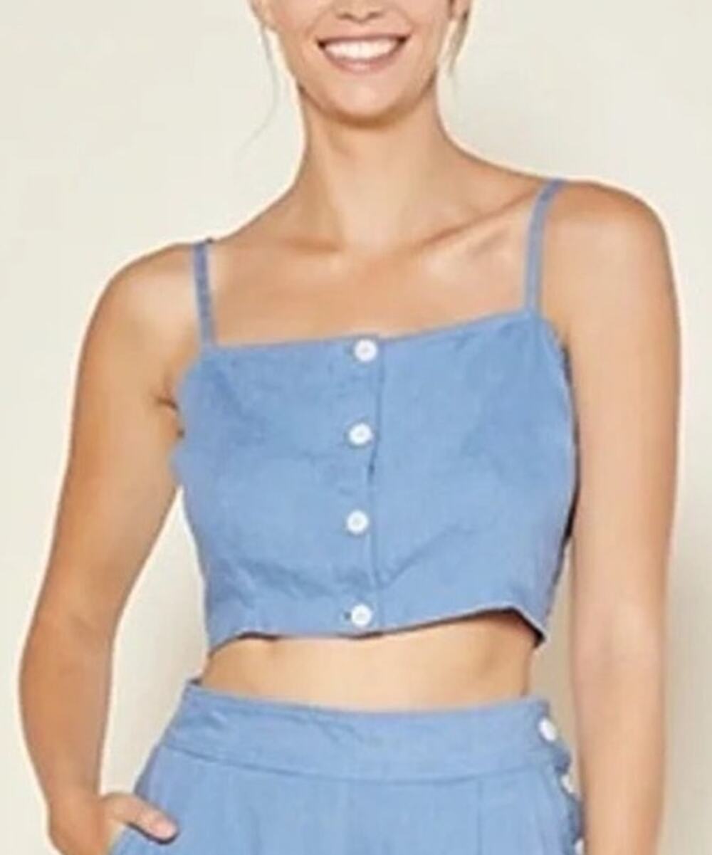 OUTERKNOWN Womens Coastal Linen Button Up Crop Tank Top Small Blue Boho Beachy